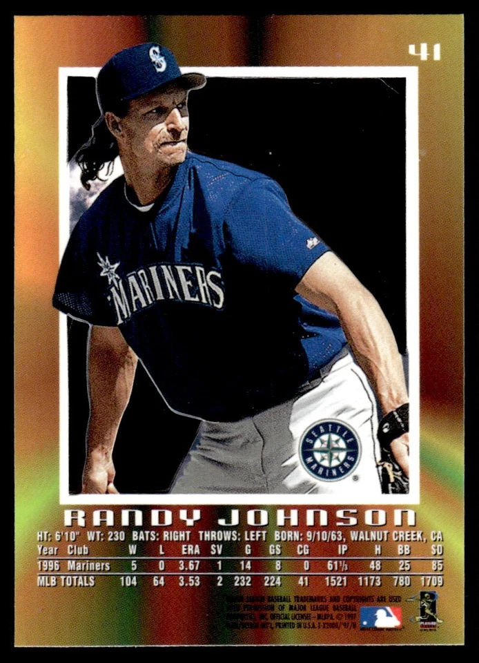 1997 SkyBox E-X2000 Randy Johnson Seattle Mariners #41 R102 - Image 2 of 2