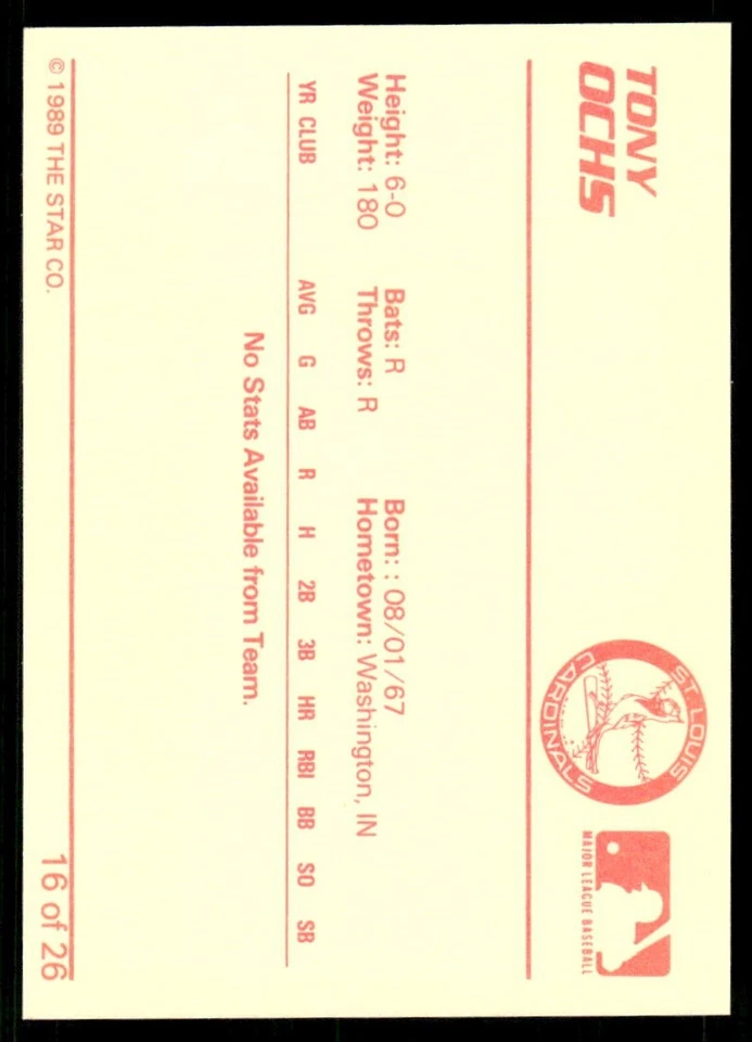 1989 Star Johnson City Cardinals TONY OCHS RC CARDINALS ASTROS UNIV OF MEMPHIS - Image 2 of 2