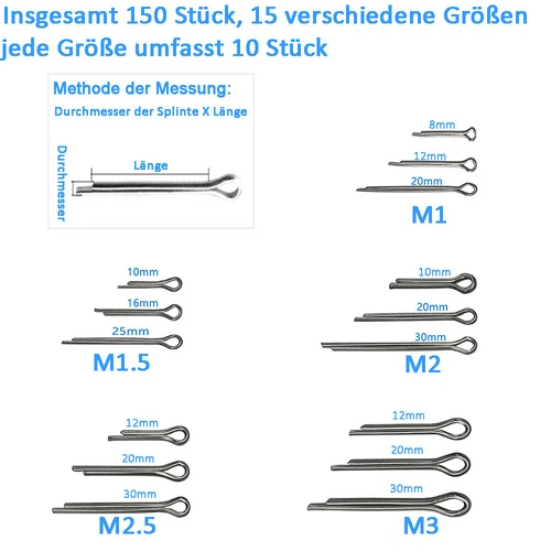 150-tlg Splinte Sortiment Gerade Sicherungssplinte Splint Set Sicherungsstifte - Bild 3 von 12