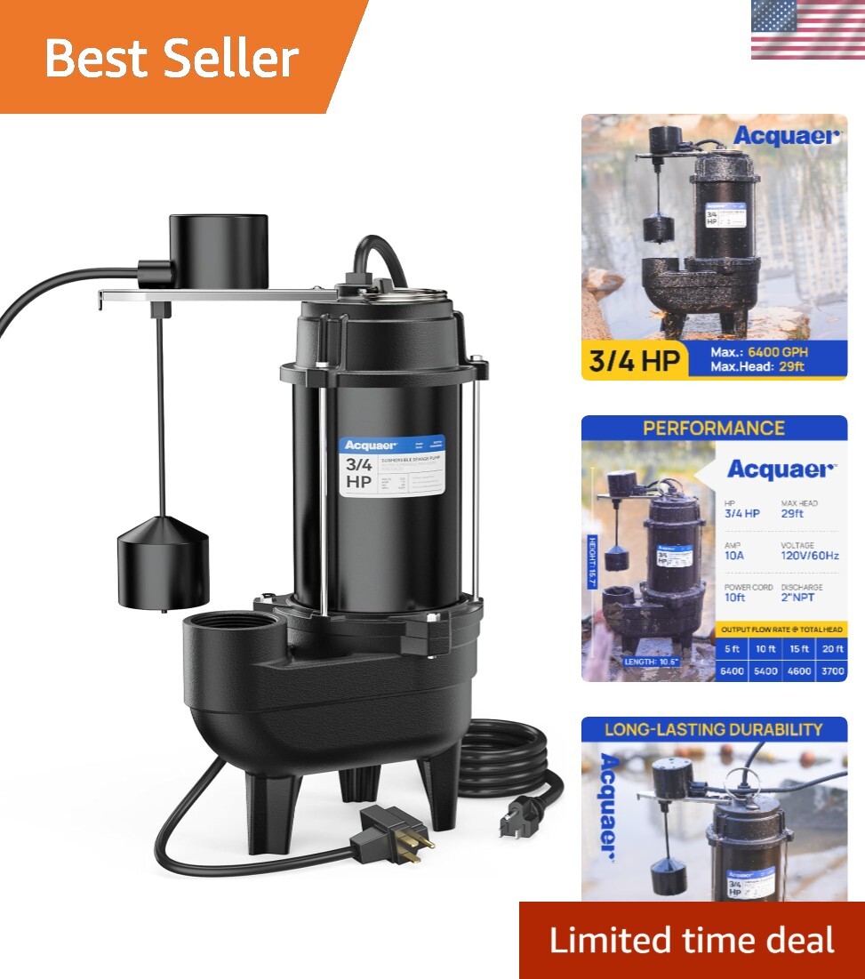 3/4HP Submersible Cast Iron Sewage Sump Pump 6400GPH Auto On/Off