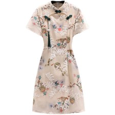 Women Vintage Cheongsam Jacquard Chinese Dress Short Sleeve Qipao Slim Fit