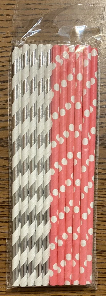 Canudos de papel de bolinhas rosa listras brancas prata e branco 20 ct - Imagem 2 de 2