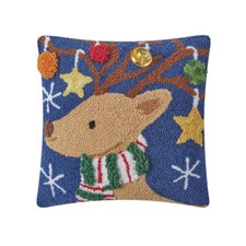 Peking Handicraft - 3D Reindeer w/ Bell Ornament 14" Hooked Pillow - 31AV63C14SQ