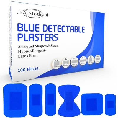 Blue Detectable Plasters, Assorted(6 sizes) 100 Plasters per box, JFA Medical