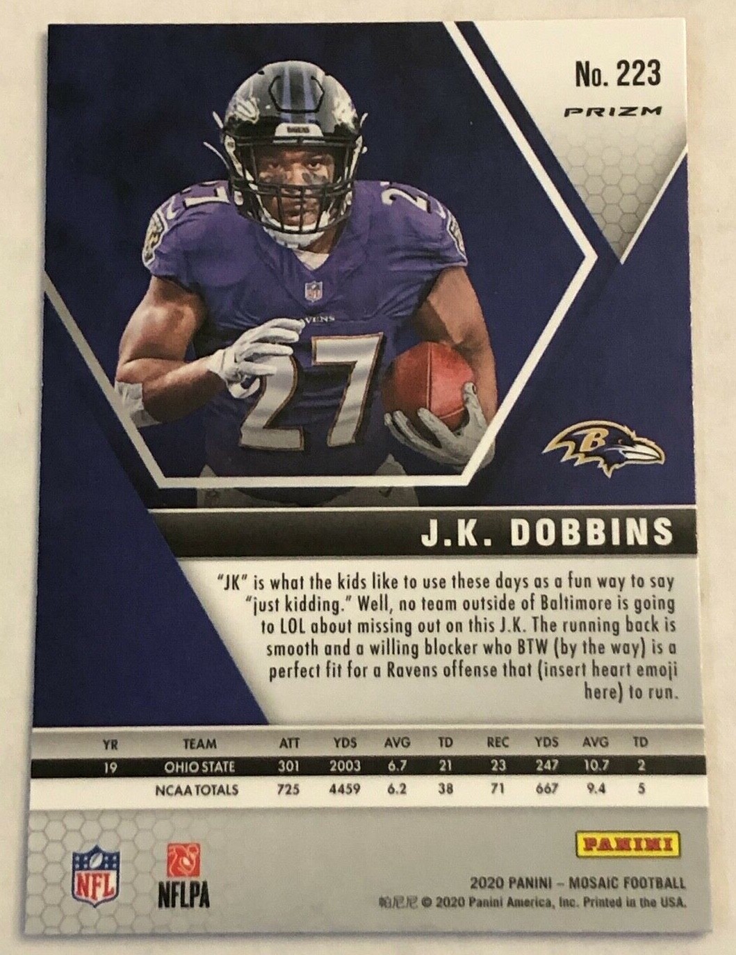 2020 Panini Mosaic JK J.K. Dobbins 223 PINK CAMO PRIZM Rookie Card RC