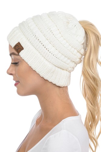C.C BeanieTail Soft Stretch Cable Knit Messy High Bun Ponytail Beanie Hat - Picture 38 of 230