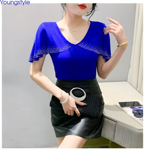T-shirt coreana nuova donna in rete strass mantello festa cocktail coreana camicetta - Foto 9 di 16