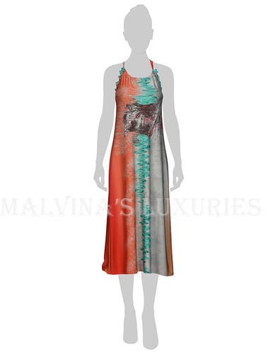 SAVE THE QUEEN DRESS LONG MULTICOLOR PRINT HALTER GOWN sz S / SMALL