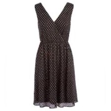 Nine West Double V-Neck Surplice Polka Dot Dress Fit Flare Black / Gold Size 16