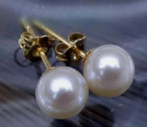 Perfect Round 8-9mm AAA+True White AKOYA Pearl Earrings 14K Gold - Afbeelding 3 van 4