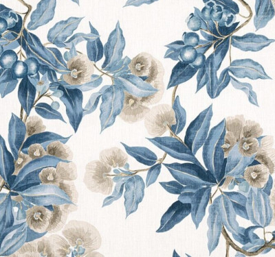 ANNA FRANZÖSISCHER VORHANGSTOFF DESIGN Camellia Garden 3,35 MT LEINEN/MARINE 100% LEINEN