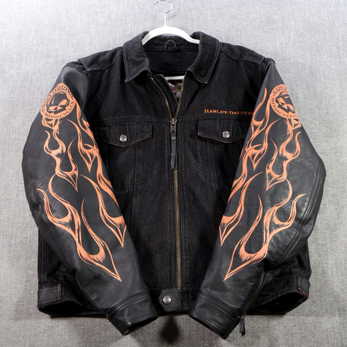 Harley Davidson Jacket Men Extra Large Black Denim Leather Skull Flames Full Zip