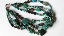Vintage 4 Strand Chunky Semi-Precious Gemstone 925 Silver Carved Bib Necklace