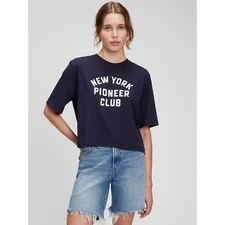 Gap x New York Pioneer Club Cropped Navy Tee Shirt Medium Collab