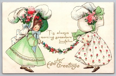 Easter Greetings - Two Girls in Beautiful Ornate Floral Dresses - Embossed
