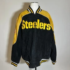 Vintage NFL Pittsburgh Steelers Suede Leather Jacket Mens XL Black/Yellow G-III
