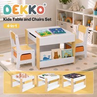 Dekko Kids Table and Chairs Set 2-in-1 Flip Top Storage Play Study Natural