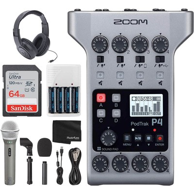PodTrak P4 Portable Multitrack Podcast Recorder + Q2U Dynamic Mic Recording &...