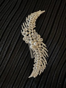 Wedding Faux Pearl Angel Wing Barrette Hair Clip Women White/Silver Metal Beaded