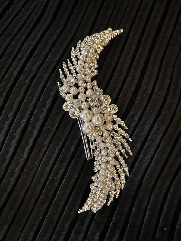 Wedding Faux Pearl Angel Wing Barrette Hair Clip Women White/Silver Metal Beaded