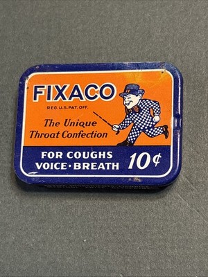 Vintage Fixaco The Unique Throat Confection Slide Top Advertising Tin