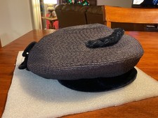 Vtg Woman's Fascinator Hat black straw w/ Black Velvet Saks Fifth Avenue s 22