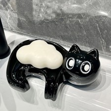 Cute Cat Drain Soap Holder Container Smooth Ceramic Toilet Soap Dish Case Tray B
