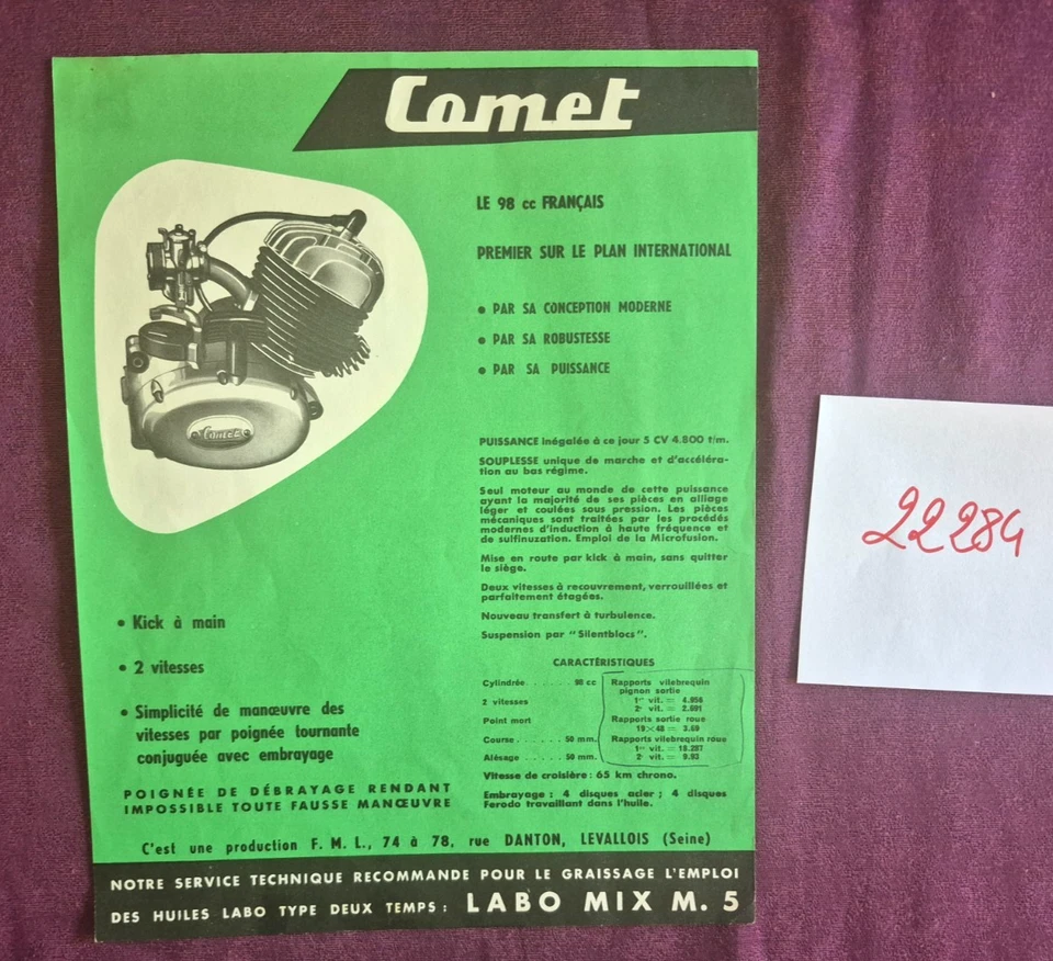 N°22284 / prospectus du moteur Comet 98 cc /  Production F.M.L. - Photo 1/1