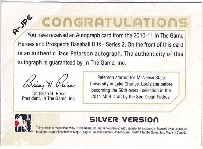 2011 ITG Heroes and Prospects Jace Peterson Silver Version Auto Card No. A-JPE - Image 2 of 2