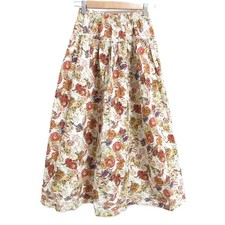 PINK HOUSE Flower Bouquet Print Easy Long Flared Skirt Beige Red Women USED