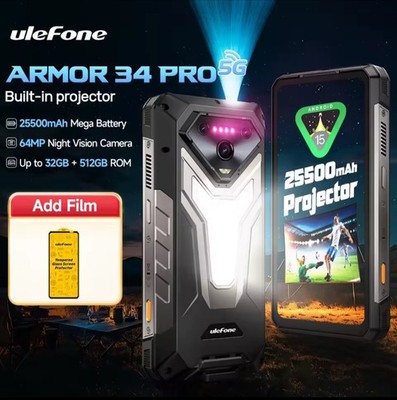 Ulefone Armor 34 Pro Built In Projetor 5G Rugged Phone 32G+512G 6.95'' 25500mAh
