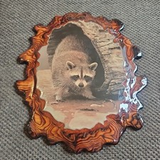 Vtg 11x13"Raccoons in a Tree Wall Plaque Lightweight Clearcoat Shiny Handmade