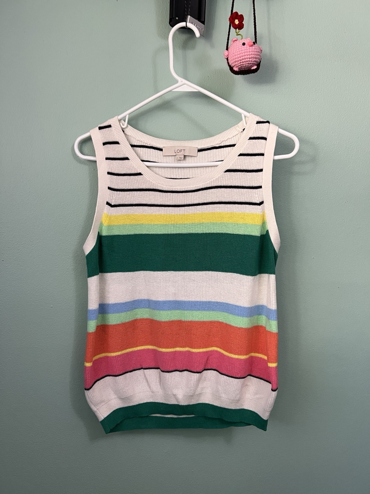 Ann Taylor Loft Women's Striped Vest Sweater Ivory Navy Blue, Size Large