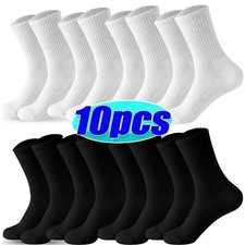 5-10 Pair Mens Sports Crew Socks Plain White Black Cotton Cushioned Sock UK 6-11