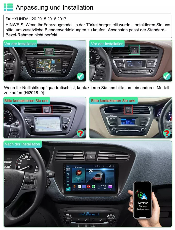 4+64GB Für Hyundai i20 2015-2018 CarPlay Android 15 Autoradio GPS Navi Kamera BT - Bild 3 von 4