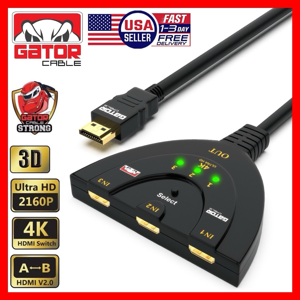 4K HDMI 2.0 Cable Auto Switch Switcher Splitter Adapter 3 In