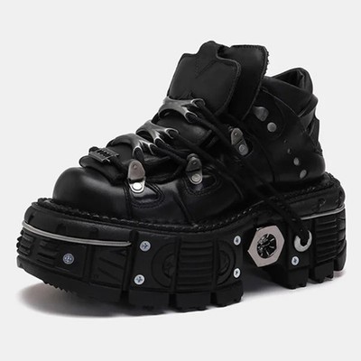 Women Metal Platform Shoes Lace Up Round Toe Leisure Rock Street Gothic Shoes