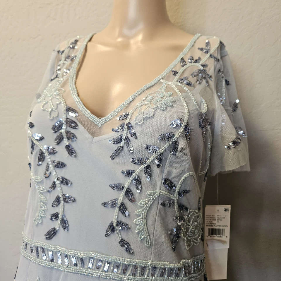 Papell Beaded Flutter Gown Women's Size 14 Color Glacier Nwt. - Image 3 of 4