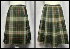 Vintage 1960s W. Bill Ltd Green Wool Tartan Wrap Skirt Pleated Buckle Straps UK