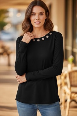 Premise Studio Women s Black Long Sleeve Top With Eyelet Cutout Detail Office