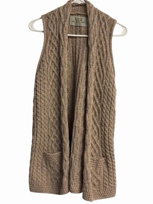 Aran Market Cable Waistcoat SweaterVest Merino Wool Fisherman Cardigan Tan Sz S
