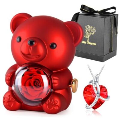  Cute Teddy Bear with Preserved Rose,Eternal Flowers Rotating Rose Box with 