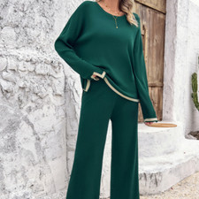 Women 2 Piece Knit Sweater Set Long Sleeve Pullover Wide Leg Pants Outfits
