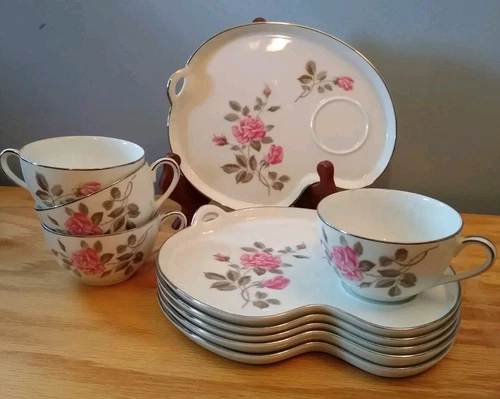 Vtg Noritake China Pink Rose Snack Plate & Cup Set of 4 Plus 2 Extra Plates  