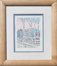 Original Wasserfarbe Malerei Kunst Gerahmt Handsigniert Gehweg & Bäume Natur