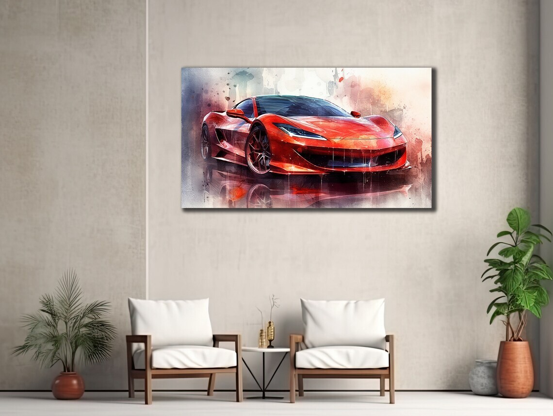 Red Sport Car Watercolor Vintage Paint Unframed Canvas Print Australian Wall Art
