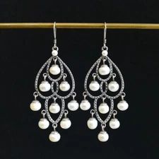 Textured Sterling Silver Freshwater Pearl Large Waterfall Chandelier Earrings