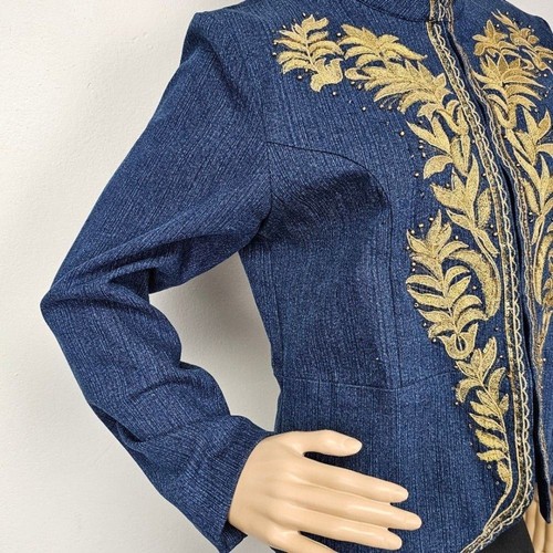 VTG Entice Blazer Navy Jacket Denim Look Gold Embroidered Sz S Artsy Whimsy - Picture 5 of 9
