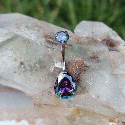 14K White Gold Plated Silver 2Ct Pear Simulated Alexandrite Women's Belly Button