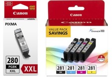 Genuine Canon CLI-281 4-Color Ink Tank Value Pack PGI-280 XXL Black Ink Tank